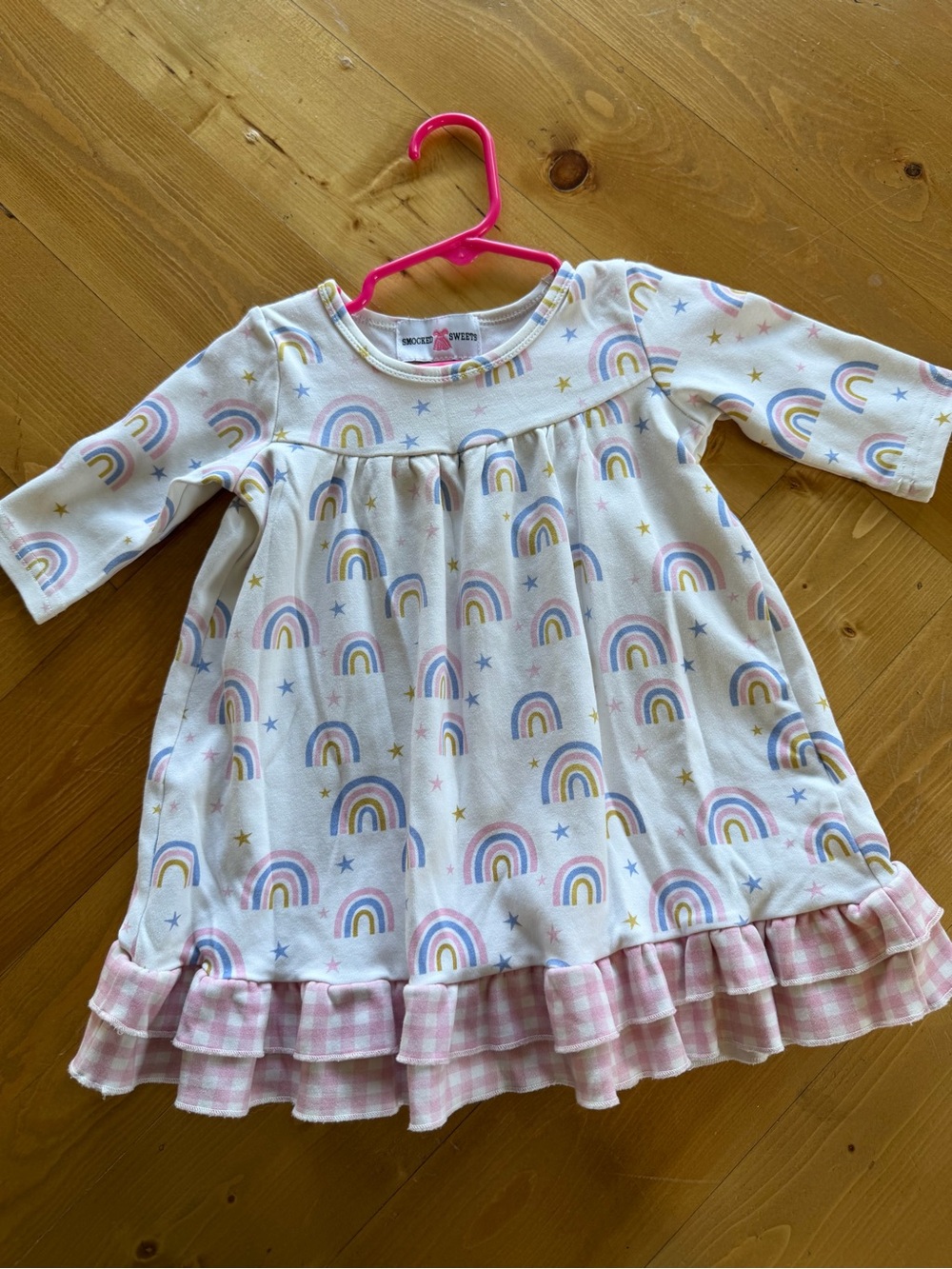 18 M Smocked sweets Rainbow Print Nightgown / Dress with Pink Gingham Ruffle
